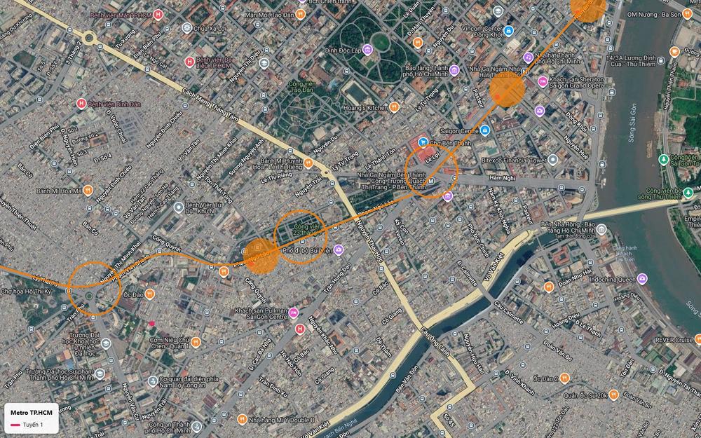 Bản đồ tuyến metro số 1 tại quận 1 với ga ngầm Bến Thành ở công trường Quách Thị Trang và ga Nhà hát Thành phố