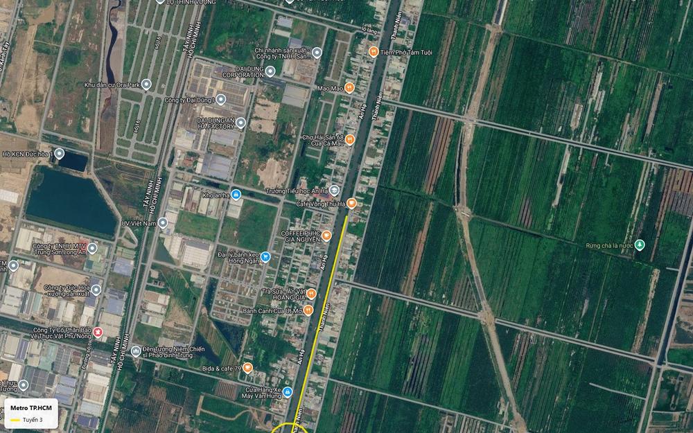 Điểm xuất phát tuyến metro số 3 TP.HCM trên trục An Hạ - Thanh Niên, huyện Bình Chánh nhìn từ ảnh vệ tinh