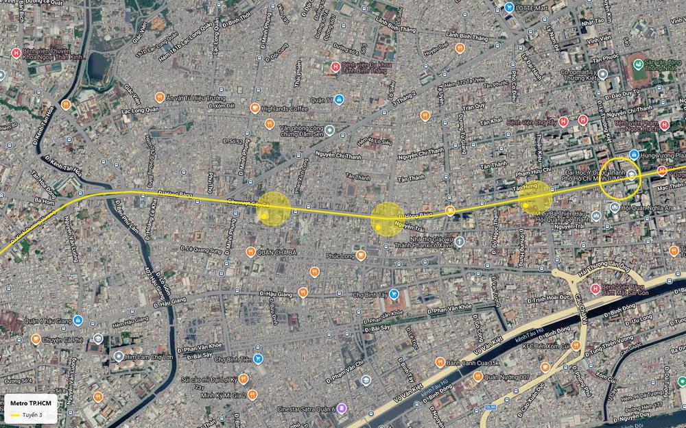 Chuỗi ga ngầm tuyến metro số 3 TP.HCM dưới đường Hồng Bàng qua Chợ Lớn, gần Bệnh viện Chợ Rẫy và chợ Bình Tây