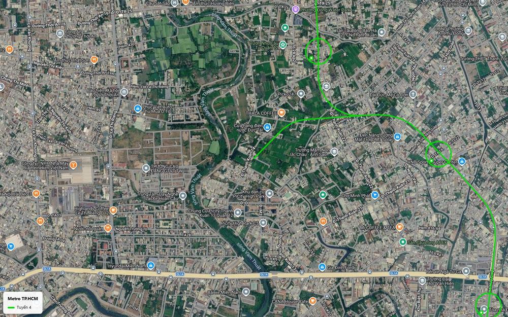Bản đồ tuyến metro số 4 TP.HCM tại Thạnh Xuân Quận 12, nhánh cong về Hà Huy Giáp phía Bến xe Ngã Tư Ga