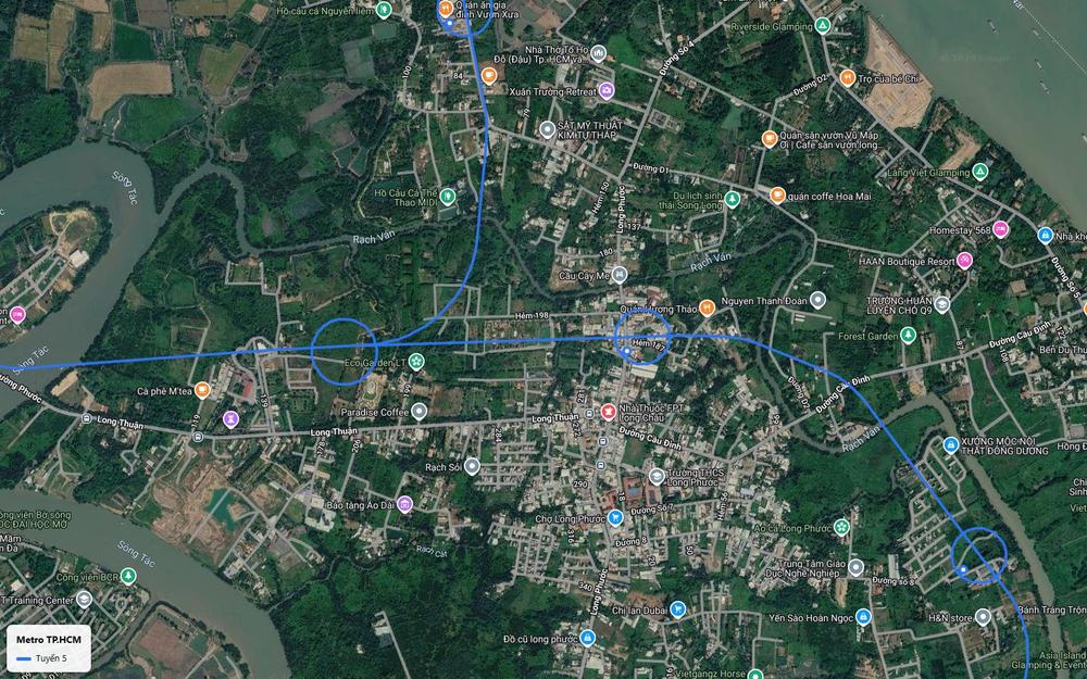 Bản đồ tuyến metro số 5 tại trung tâm Long Phước với trục Đông Tây và nhánh Bắc Nam giao nhau