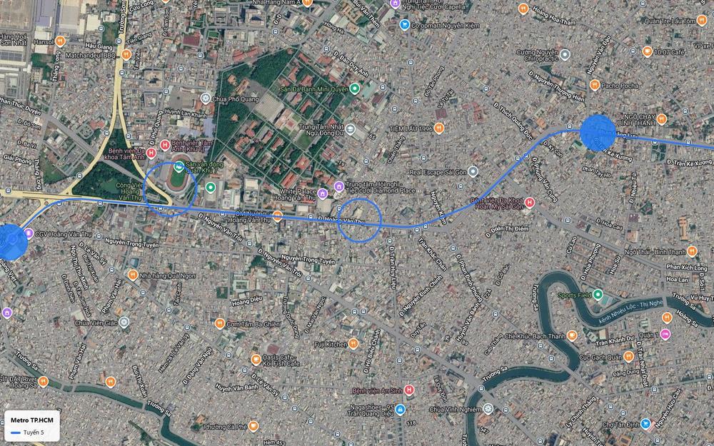 Bản đồ tuyến metro số 5 đi ngầm theo đường Hoàng Văn Thụ, quận Phú Nhuận, gần sân vận động Quân khu 7