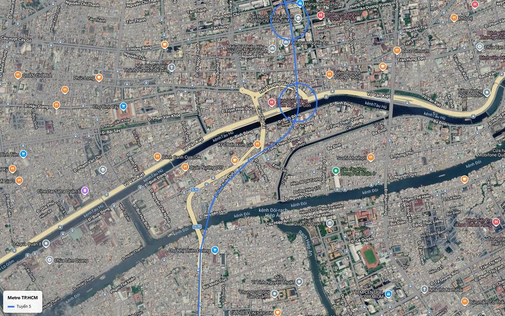 Bản đồ tuyến metro số 5 vượt đại lộ Võ Văn Kiệt, kênh Tàu Hủ và kênh Đôi vào Quận 8