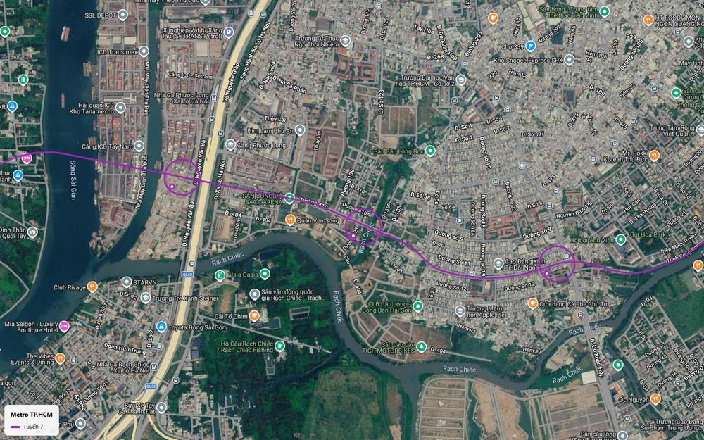 Bản đồ tuyến metro số 7 cắt ngang Xa lộ Hà Nội gần nhà ga Phước Long của metro số 1 và cụm cảng ICD Trường Thọ