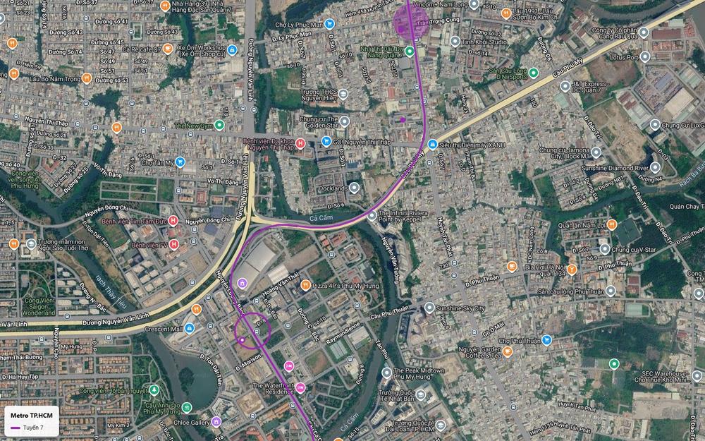 Tuyến metro số 7 với ga ngầm khu Trần Trọng Cung Quận 7 và đường cong men rạch Cả Cấm về Crescent Mall