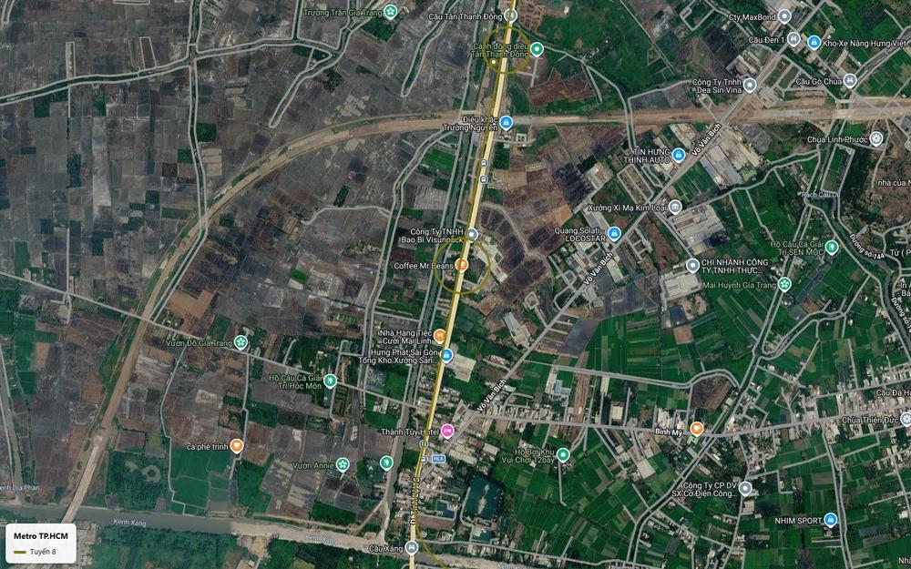 Ảnh vệ tinh đoạn cuối huyện Củ Chi của tuyến metro số 8 dọc Tỉnh lộ 15 hướng về kênh Xáng và cầu Xáng