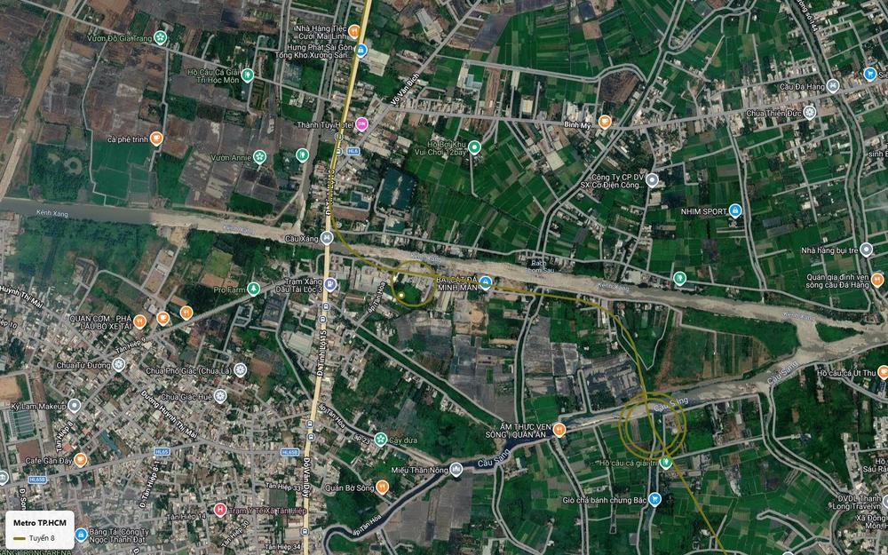 Ảnh vệ tinh tuyến metro số 8 rời Tỉnh lộ 15 vượt kênh Xáng khu vực cầu Xáng và Cầu Sáng sang huyện Hóc Môn