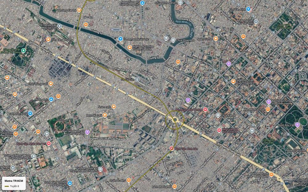 Ảnh vệ tinh ga trung chuyển tuyến metro số 8 tại giao lộ 3 Tháng 2 và Cách Mạng Tháng Tám gần Bệnh viện Mắt TP.HCM