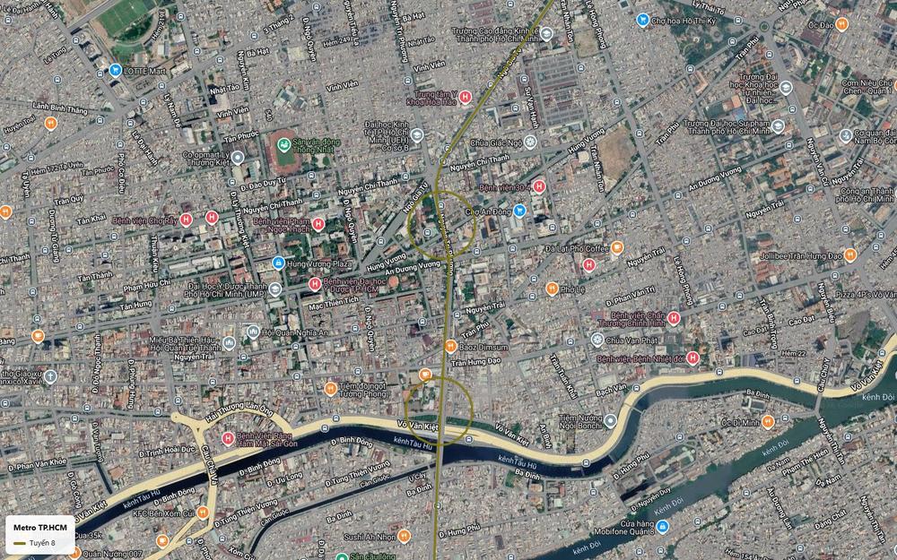 Ảnh vệ tinh tuyến metro số 8 dọc Nguyễn Tri Phương qua chợ An Đông vượt kênh Tàu Hủ tại Võ Văn Kiệt sang Quận 8