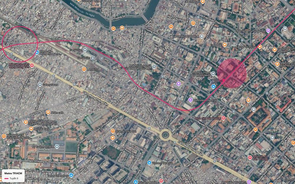 Tuyến metro số 9 uốn cong từ Võ Thị Sáu qua khu Nguyễn Thông và Trần Văn Đang về phía Ga Sài Gòn